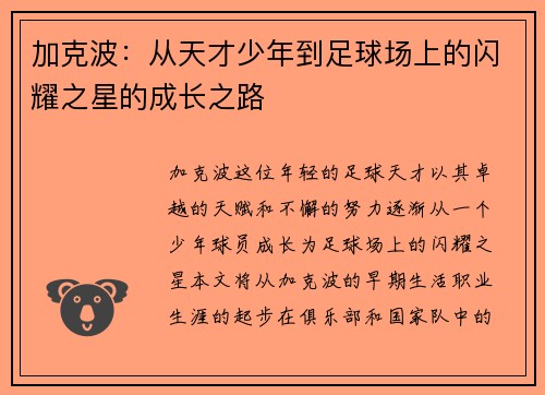 加克波：从天才少年到足球场上的闪耀之星的成长之路